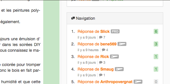 Panneau de navigation dans les réponses aux questions