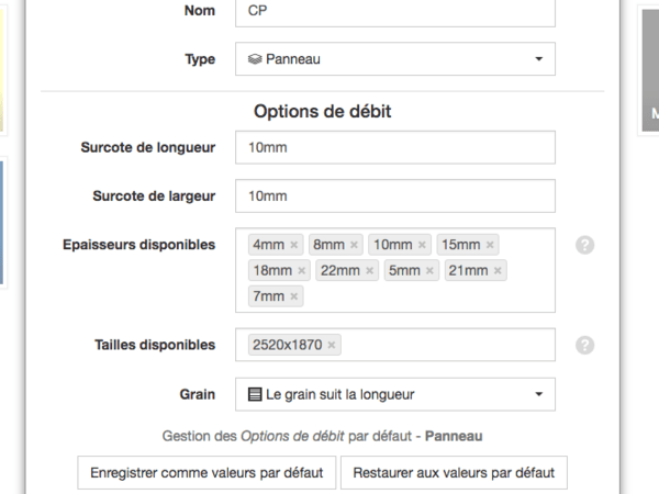 Options de débit d'une matière de type Panneau