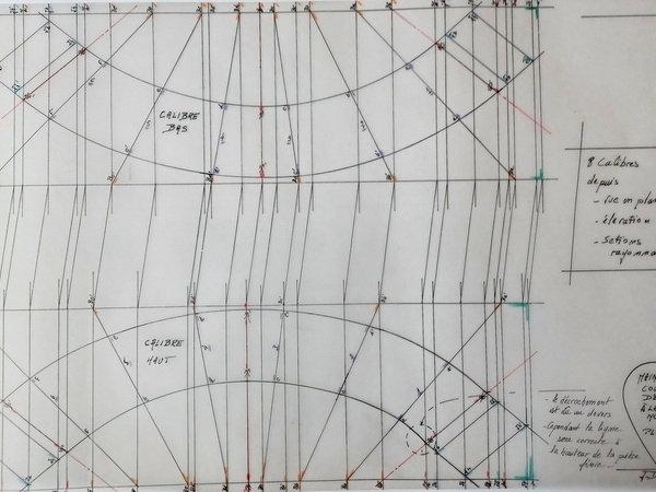 Plan E Calibres haut et bas . Détail (le léger décrochement est dû au dévers cependant la ligne sera correcte à la hauteur de la pièce finie)
