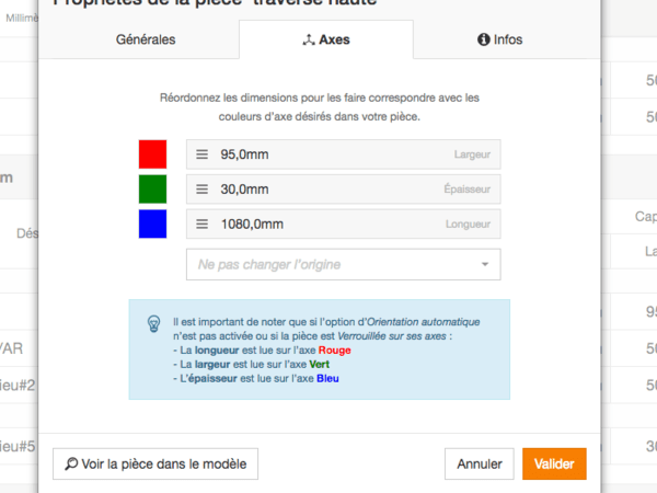 Onglet Axes de la fenêtre de propriétés d'une pièce