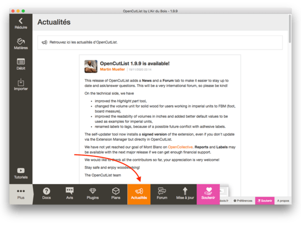 OpenCutList - Nouvel onglet "Actualités"