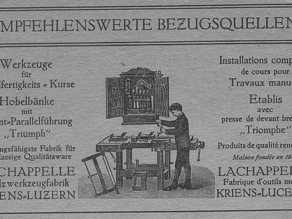 Publicité parue dans la revue de la société suisse pour l'enseignement des travaux manuels en 1921