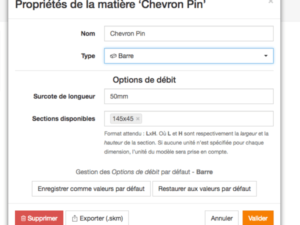 Option d'une matière de type Barre
