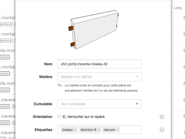 OpenCutList - Fenêtre de propriétés d'une pièce