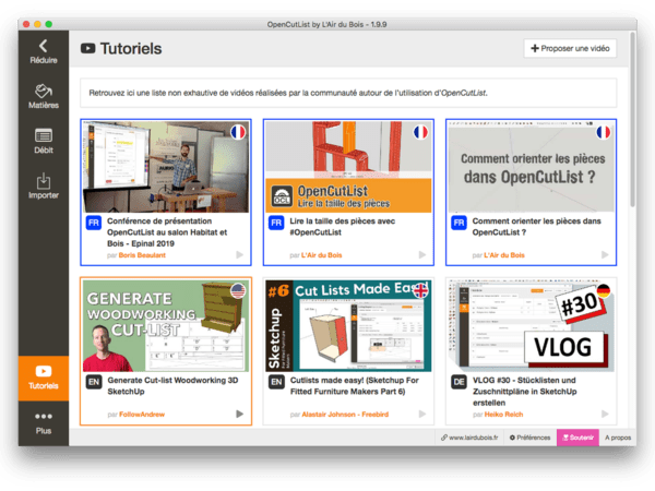 OpenCutList - Onglet "Tutoriels"