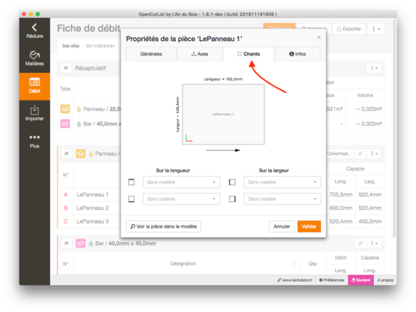 OpenCutList - Onglet "Chants" des propriétés d'une pièce