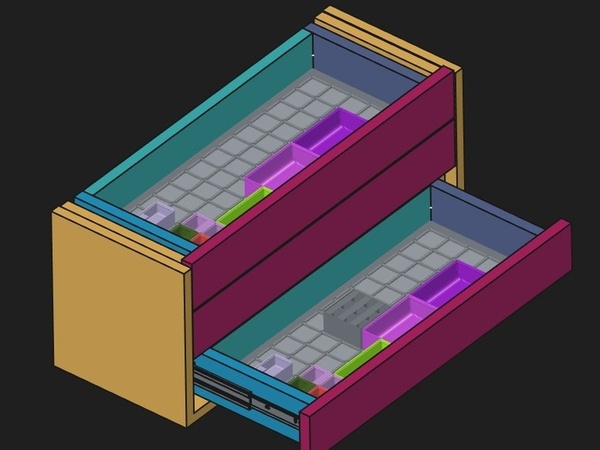 Première ébauche sous FreeCAD avec le système d'agencement de boite Gridfinity