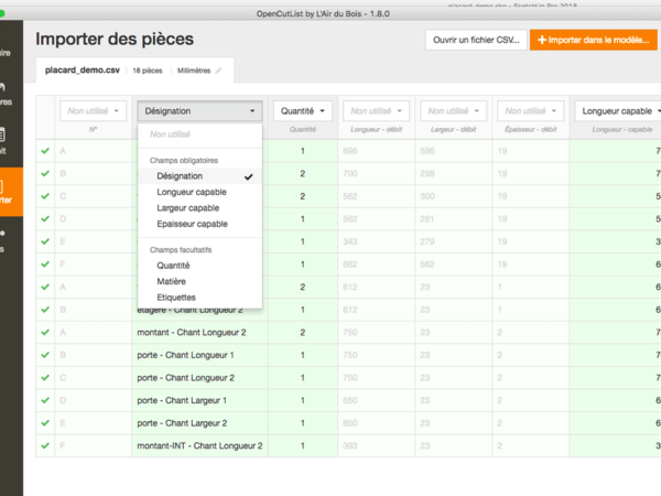 OpenCutList Importer : Définition des colonnes