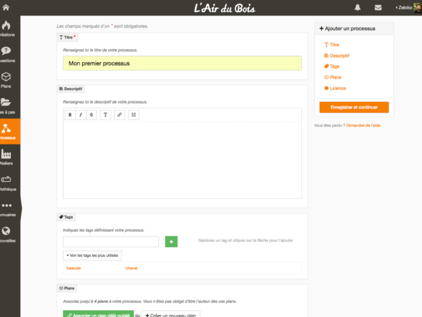 Formulaire de création d'un nouveau processus