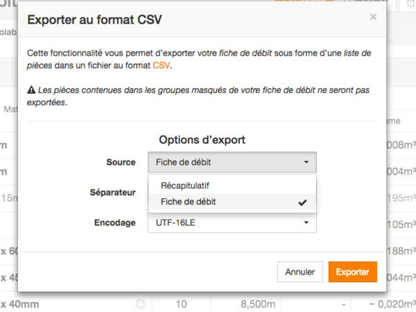 Choix de la source d'export vers le format CSV