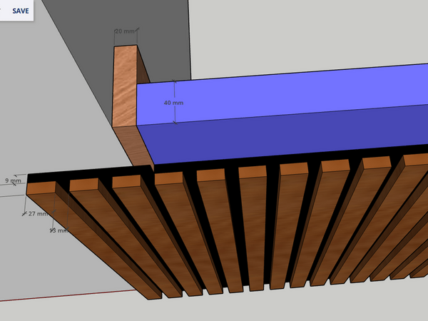 Latte de bois >20 mm fixée au mur, porte de +- 40 mm en bleu, panneau acoustique latté (partie fixe à gauche, partie fixée à la porte à droite)