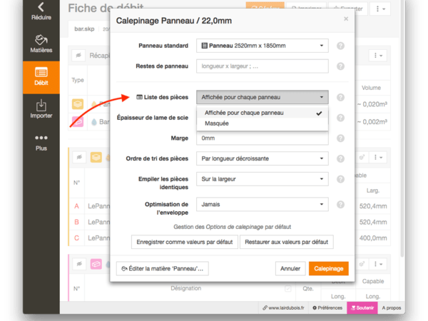 OpenCutList - Option pour l'affichage de la liste des pièces dans le calepinage