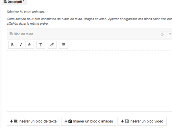 Cadre de descriptif d'une création avec un bloc de texte par défaut