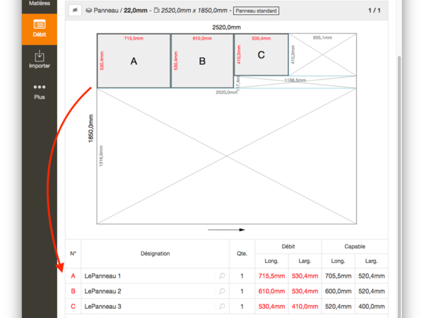 OpenCutList - Liste des pièces dans le calepinage