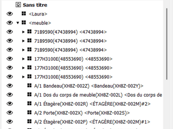 Structure du modèle importé avec les noms des composants créés par blum e-services