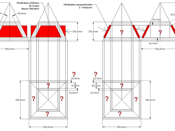**A/** La mise en page de l'épure avec pénétrations verticale ou perpendiculaire sur pyramidaux identiques