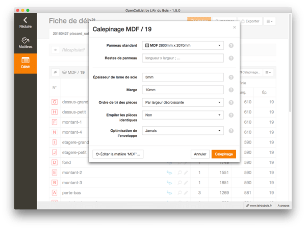 Paramétrage du calepinage