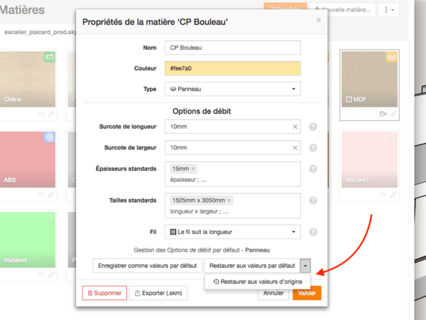 OpenCutList - Restaurer au valeurs d'origines