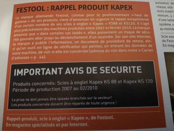 Festool rappel produit Kapex