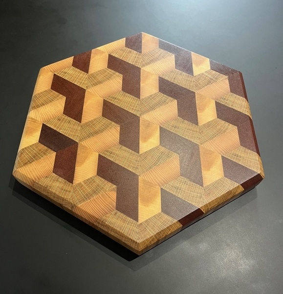 Planche à découper hexagonale, 3D, bois de bout