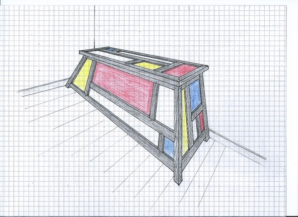 Photo et pdf épure arêtier de coffre a jouet mondrian