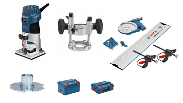 Kit complet affleureuse Bosch GKF 600 Professional + base plongeante + rails + 14 fraises CMT/Bosch
