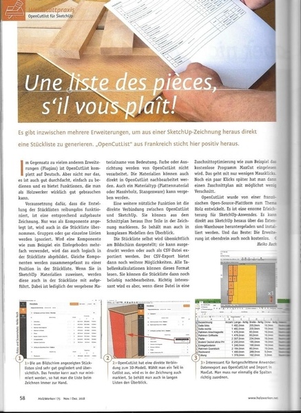 On parle d'OpenCutList dans le magazine Allemand HolzWerken !
