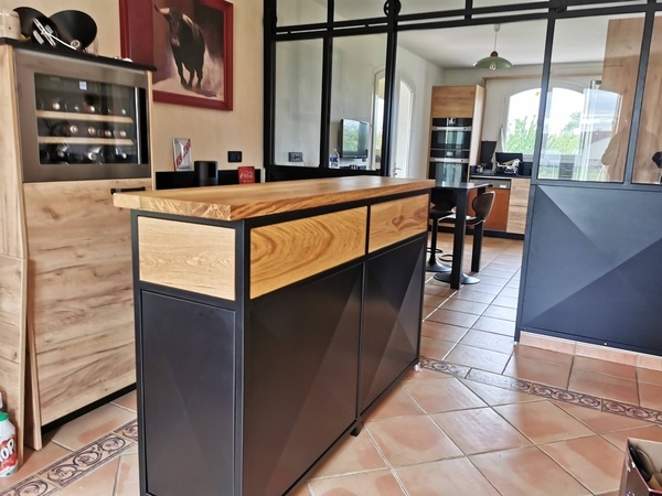 Buffet, bar, meuble imprimante acier et chêne