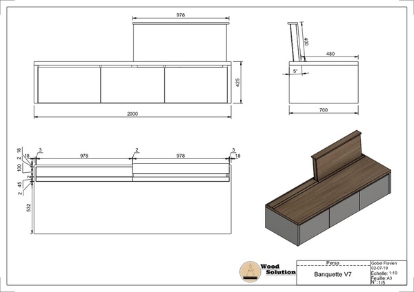 Meuble banquette à dossier coulissant