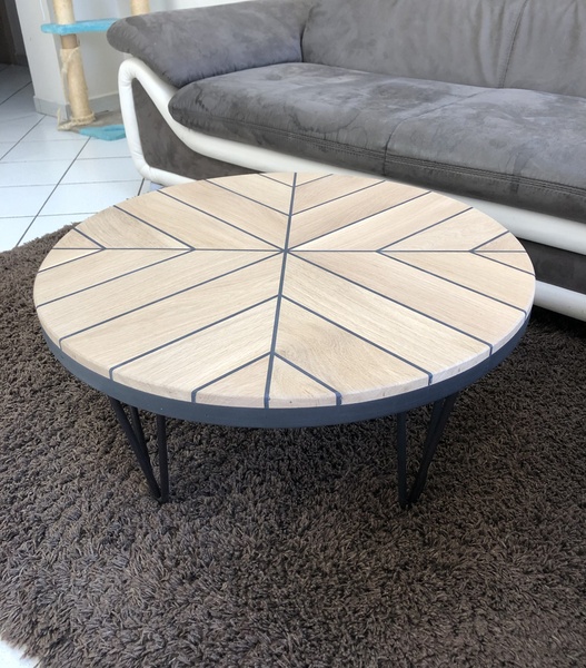 Table basse ronde joints type pont de bateau