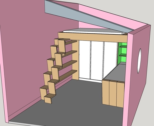 Lit mezzanine avec bureau, armoire et escalier à pas japonais