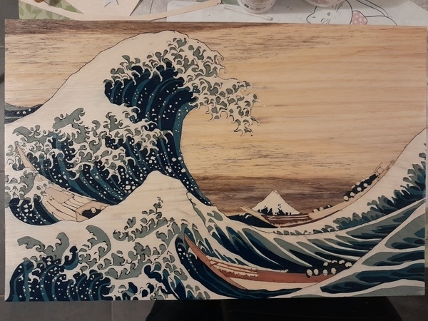 Marqueterie La Grande Vague De Kanagawa 64cm X 42 Cm Par Potiparrond 
