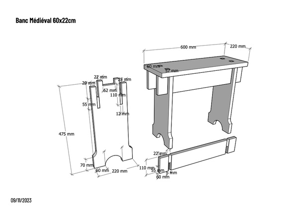Banc medieval assemblé, sans vis
