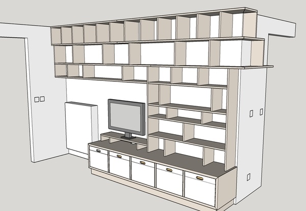 Bibliothèque murale avec banc TV intégré