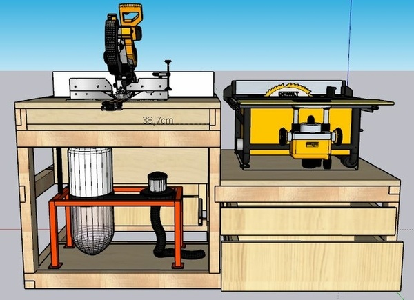 Meuble multi-outils (scie-table, scie-onglet, rabot-dégauchisseuse, défonceuse, aspiration)